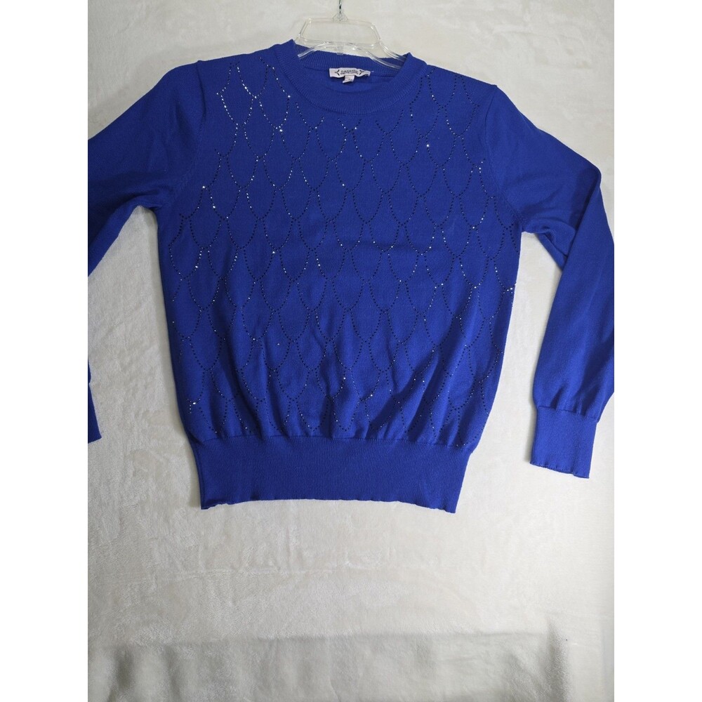 Nanette Lepore Large Blue Scallop Pattern Knit Sweater Embellished Pullover